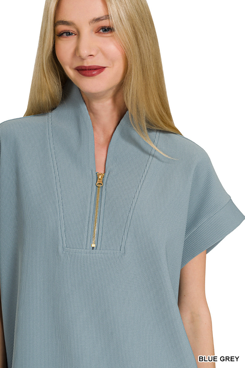 RIBBED HIGH NECK HALF ZIP TOP