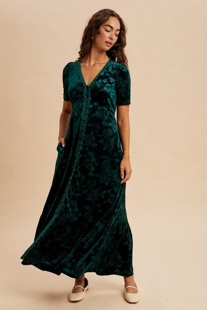 Emerald Velvet Embossed Maxi Dress