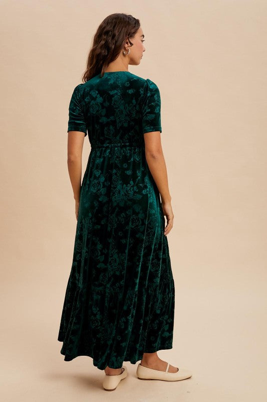 Emerald Velvet Embossed Maxi Dress