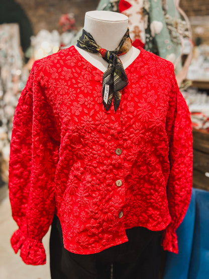 Red Ruffle Cardigan Top
