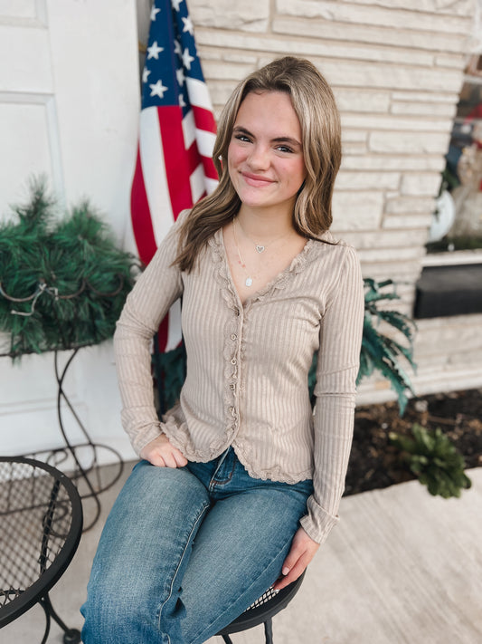 Button Down Lace Trim Fitted Knit Top