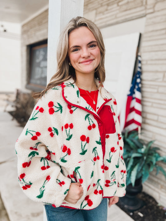 Cherry Printed Fleece Sherpa Jacket