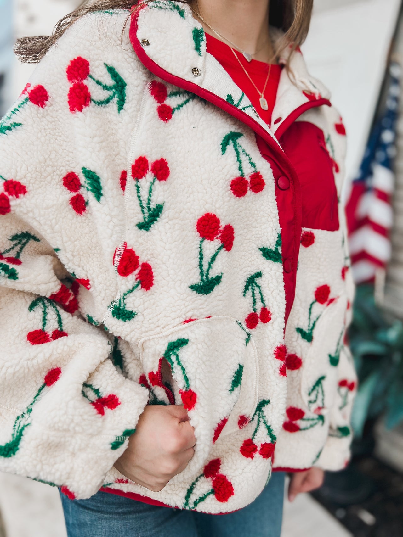 Cherry Printed Fleece Sherpa Jacket