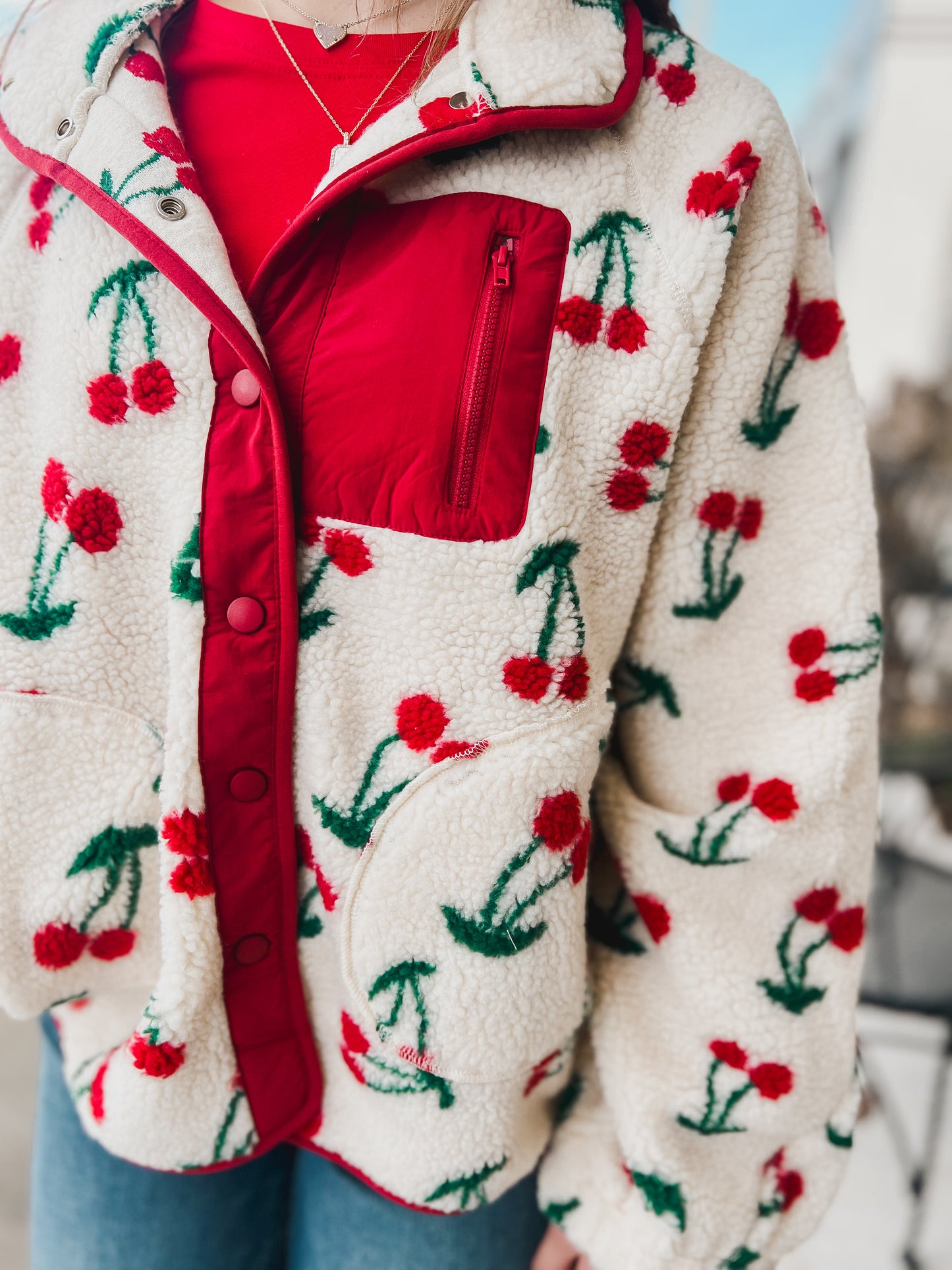 Cherry Printed Fleece Sherpa Jacket