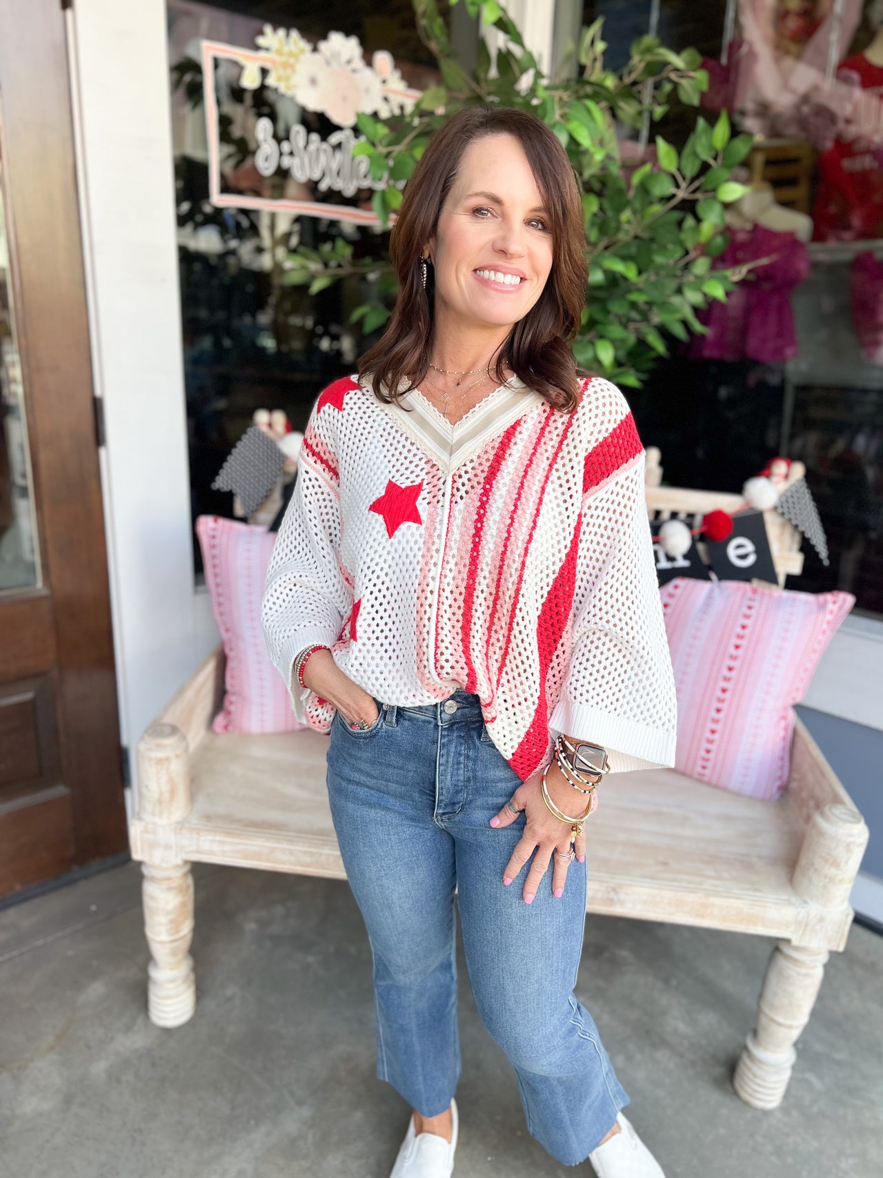 V-Neck Half Sleeve Stripe Sweater Top Star Patch Band Trim