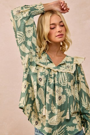 Olive Flower Woven Top