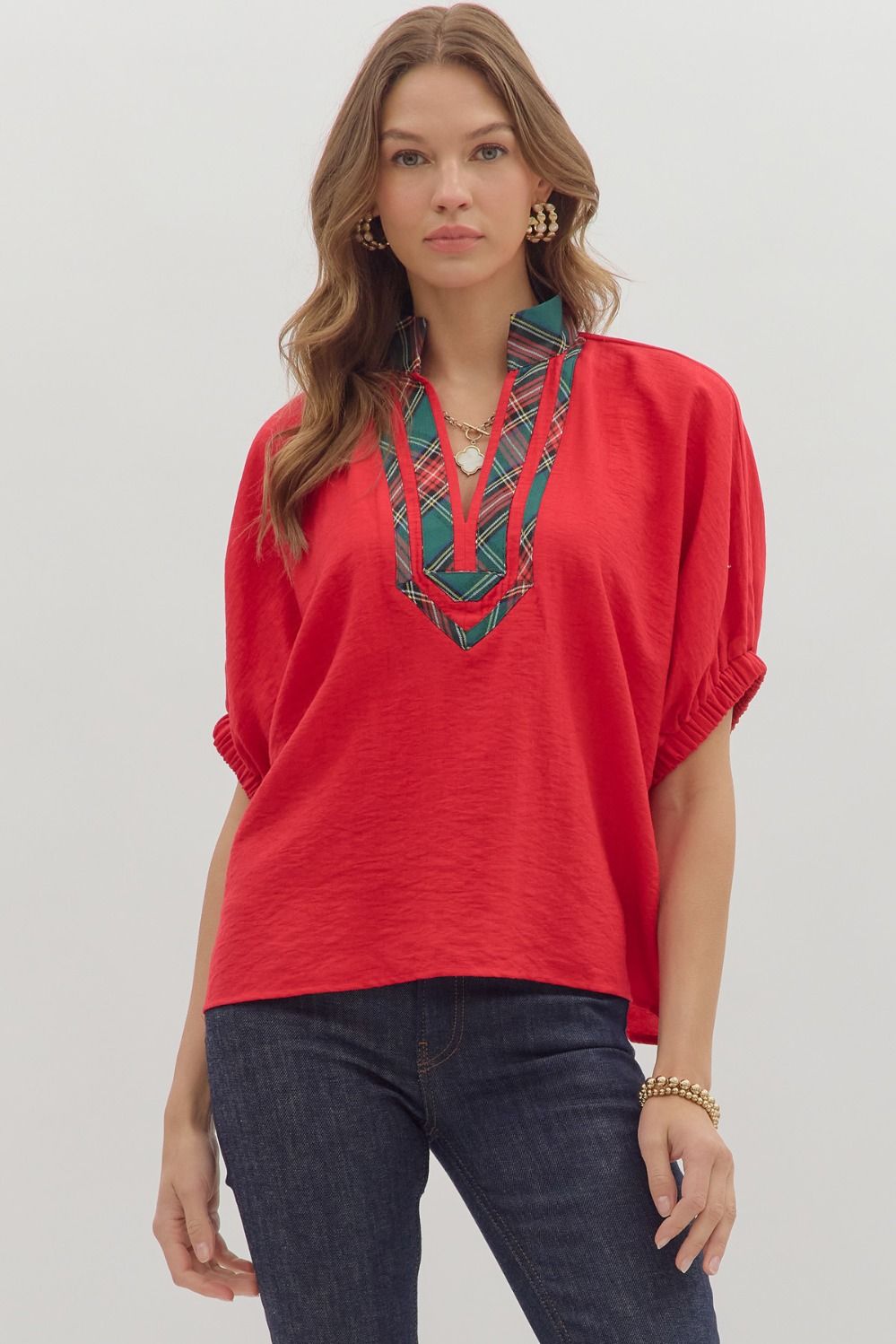 Plaid Pattern V-Neck Top