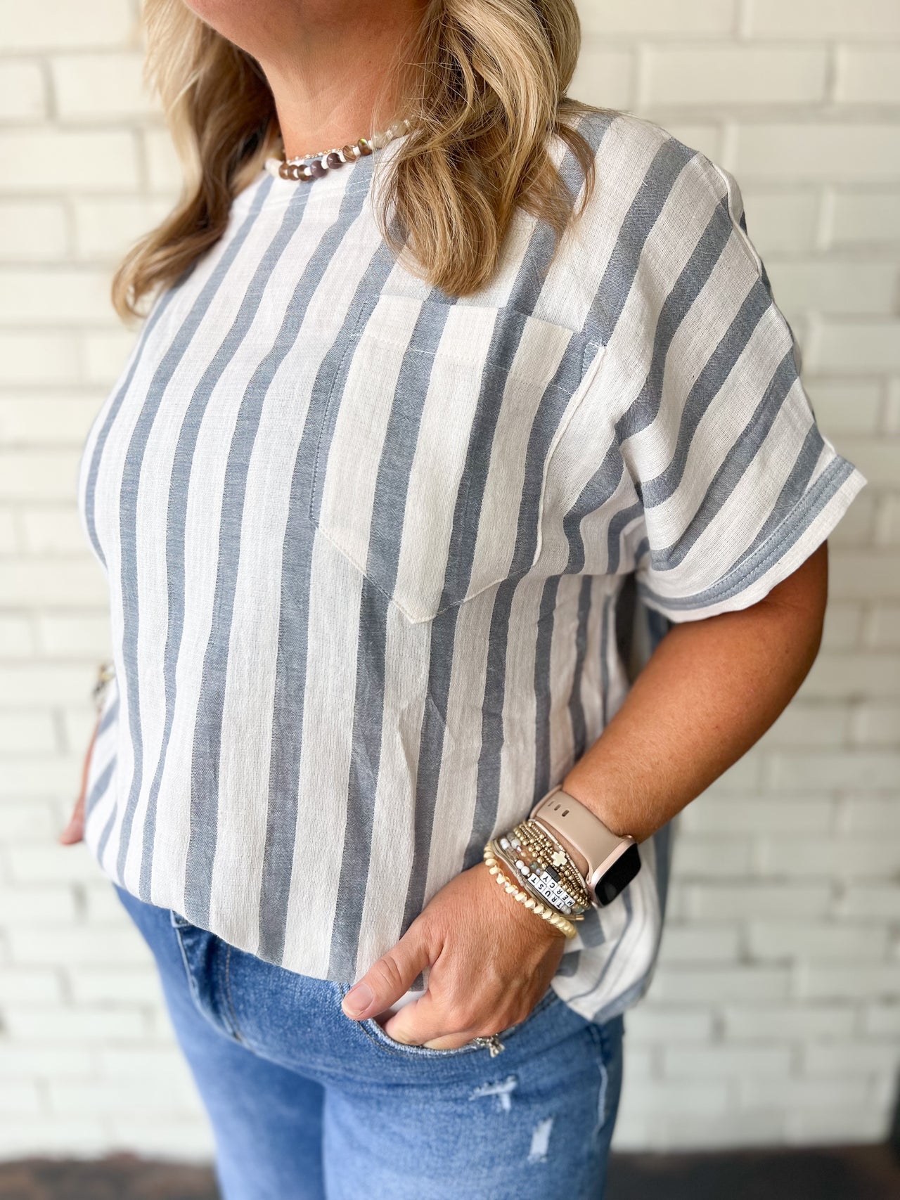 Ocean Blue Striped Round Neck Top