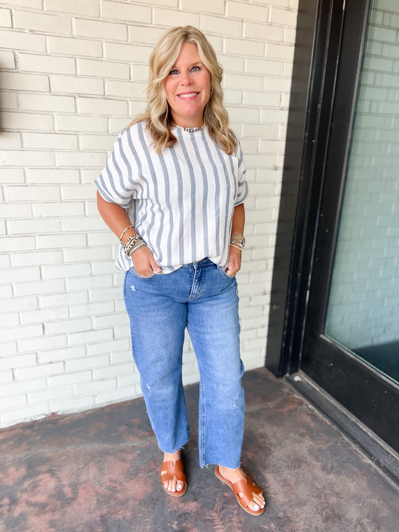 Ocean Blue Striped Round Neck Top