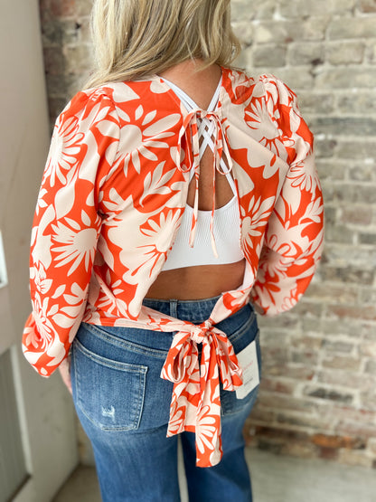 Floral Print Open Back Blouse