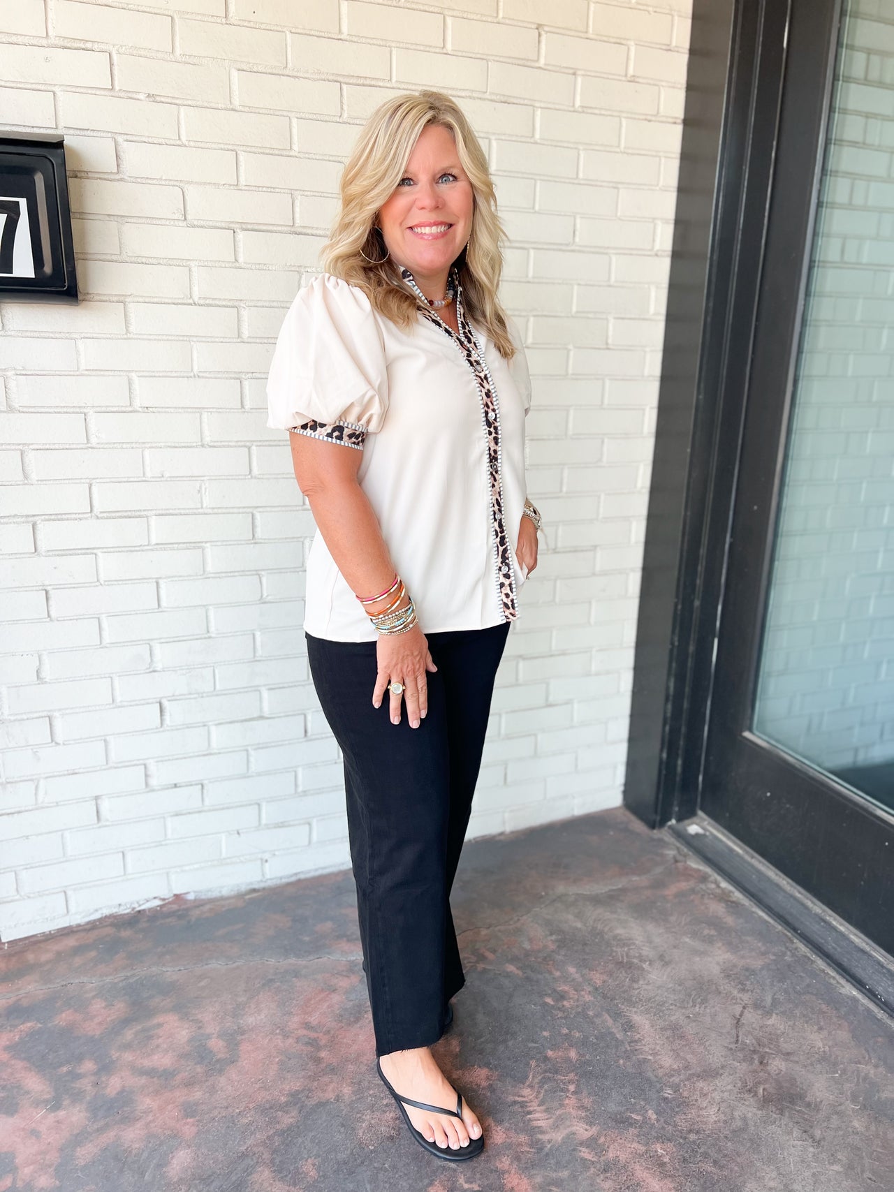 Leopard Accent Puff Sleeve Top