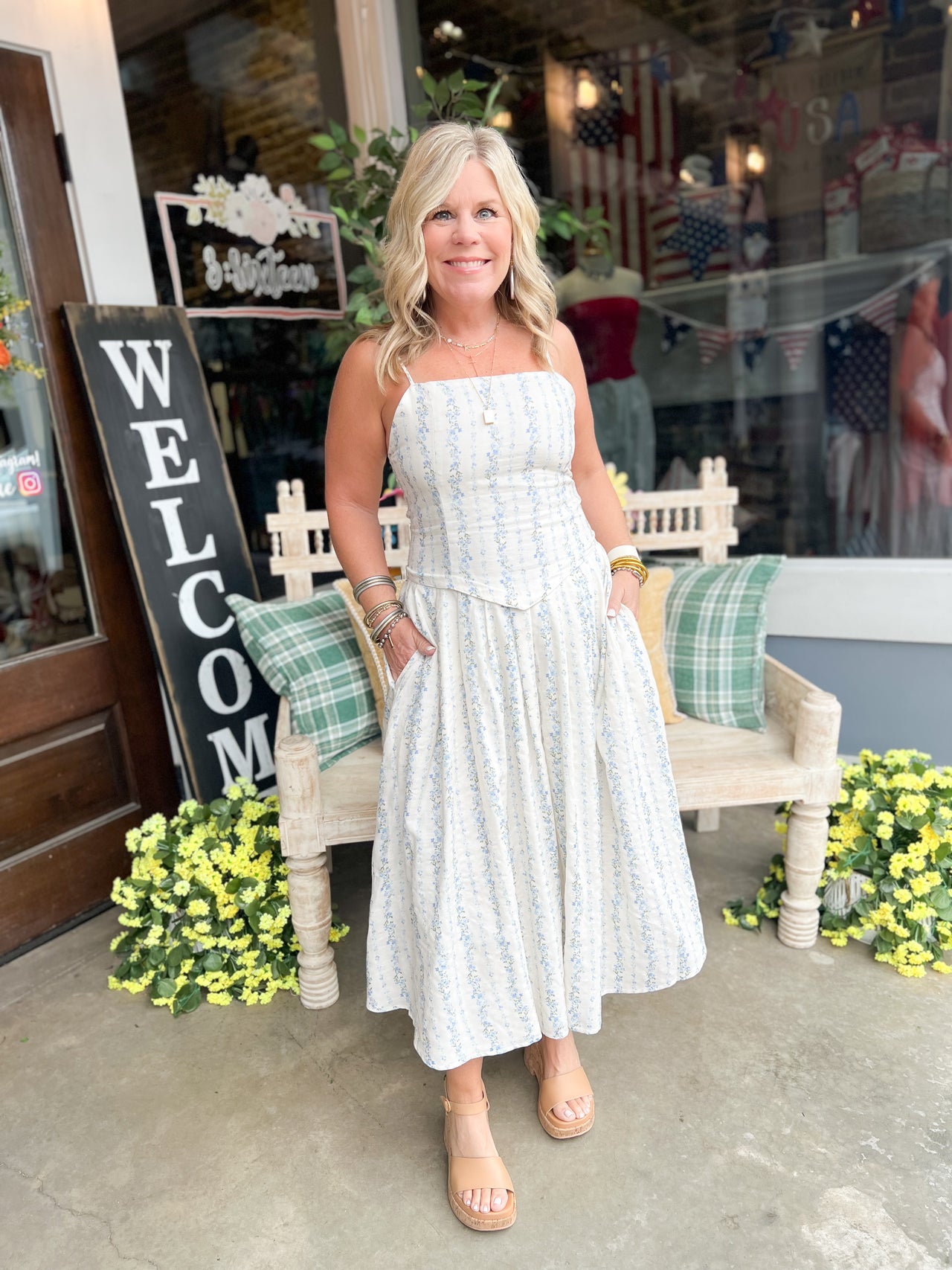 knee length dresses for ladies Cierra Denim Sunfire Smocked Bodice Tiered Midi Dress LT-DENIM / M by Sugarlips main image 1