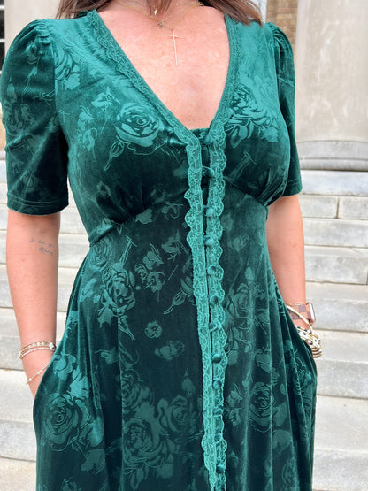 Emerald Velvet Embossed Maxi Dress