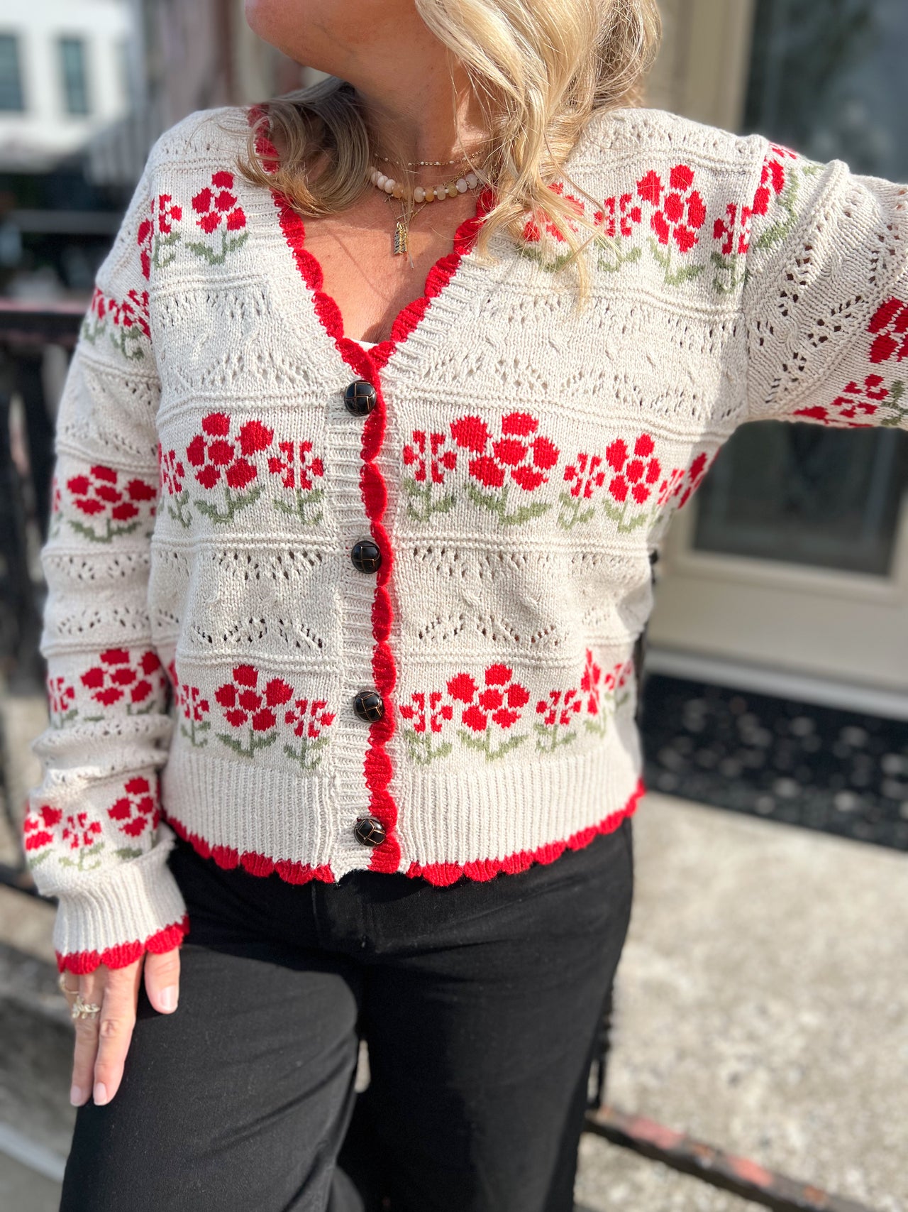 Floral Graphic Detail Knit Sweater Cardigan