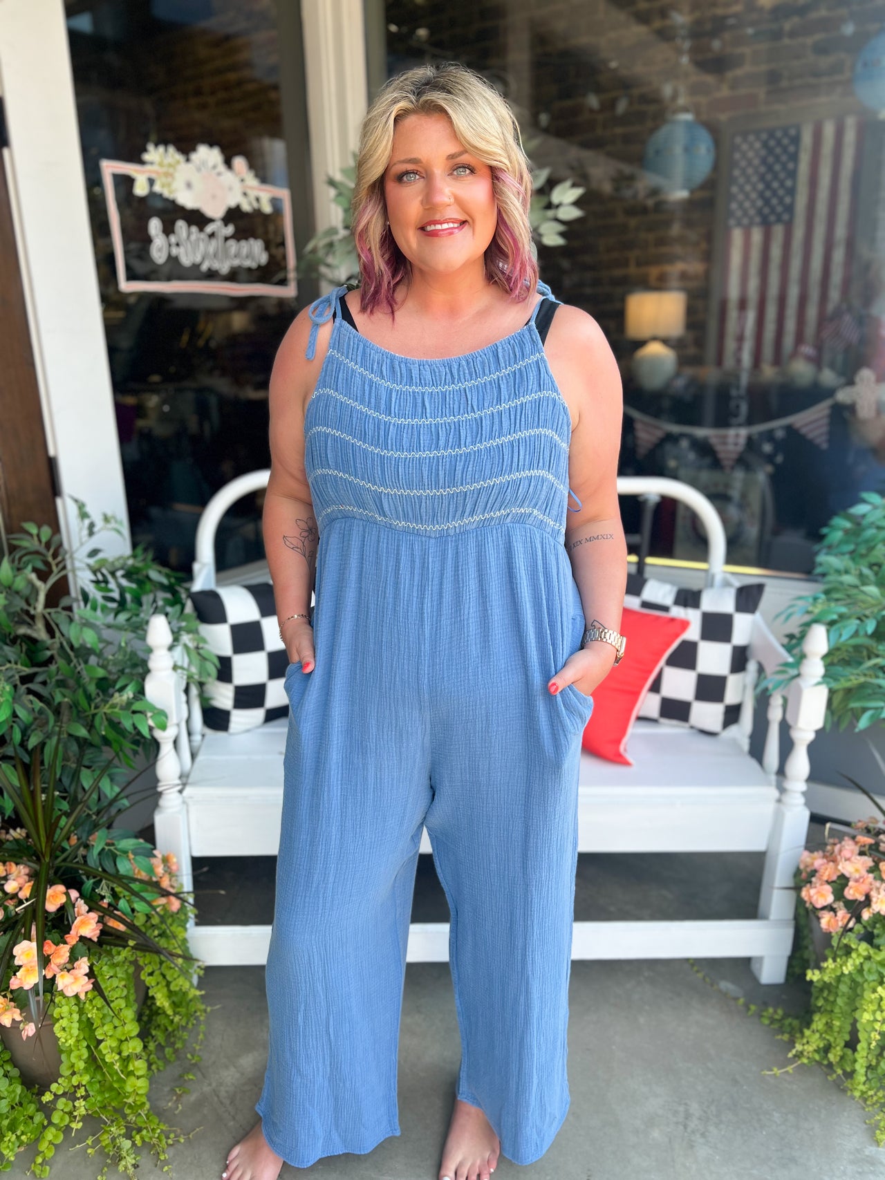 Blue Smocked Jumpsuit