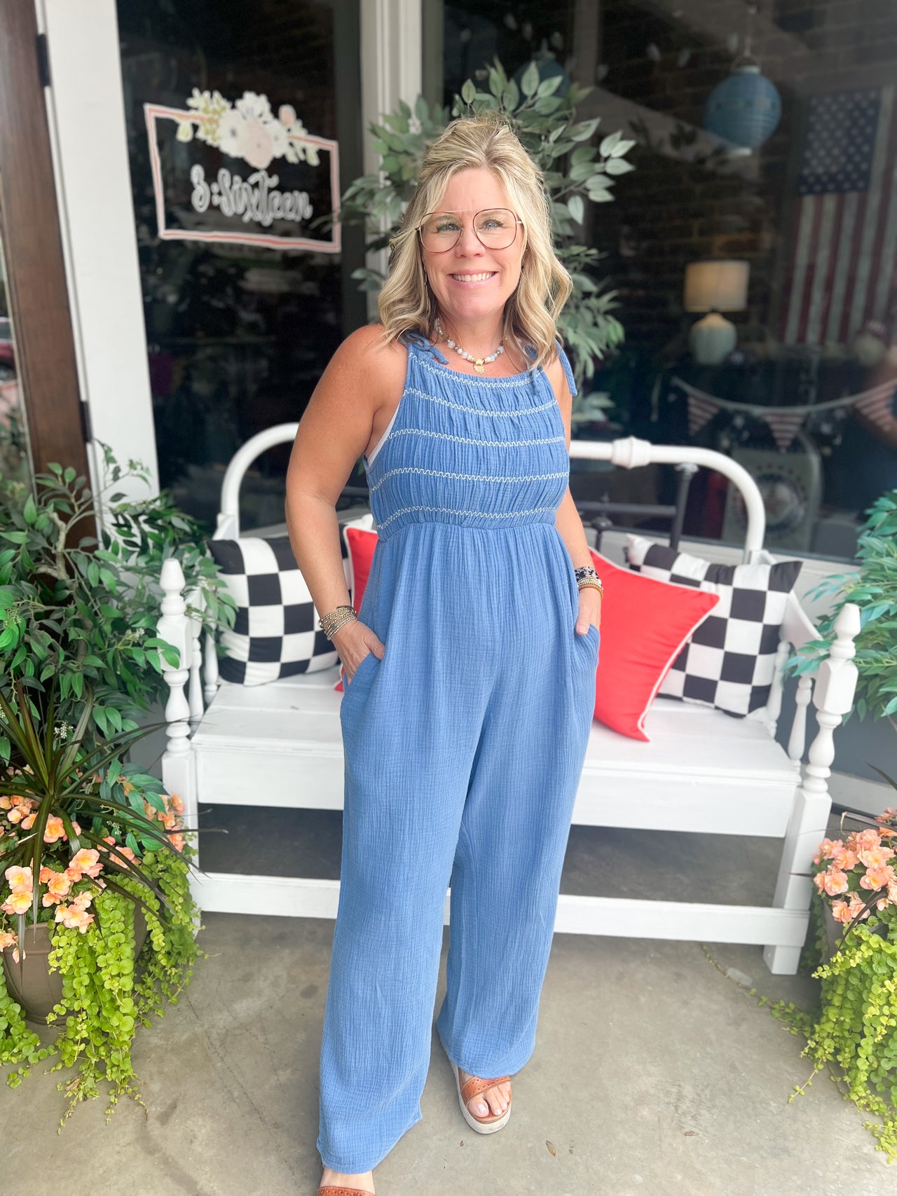 Blue Smocked Jumpsuit