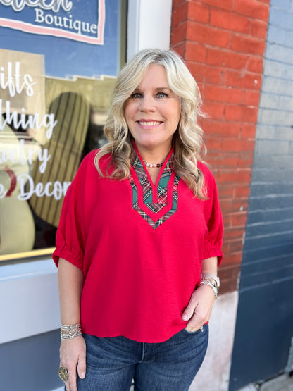 Plaid Pattern V-Neck Top