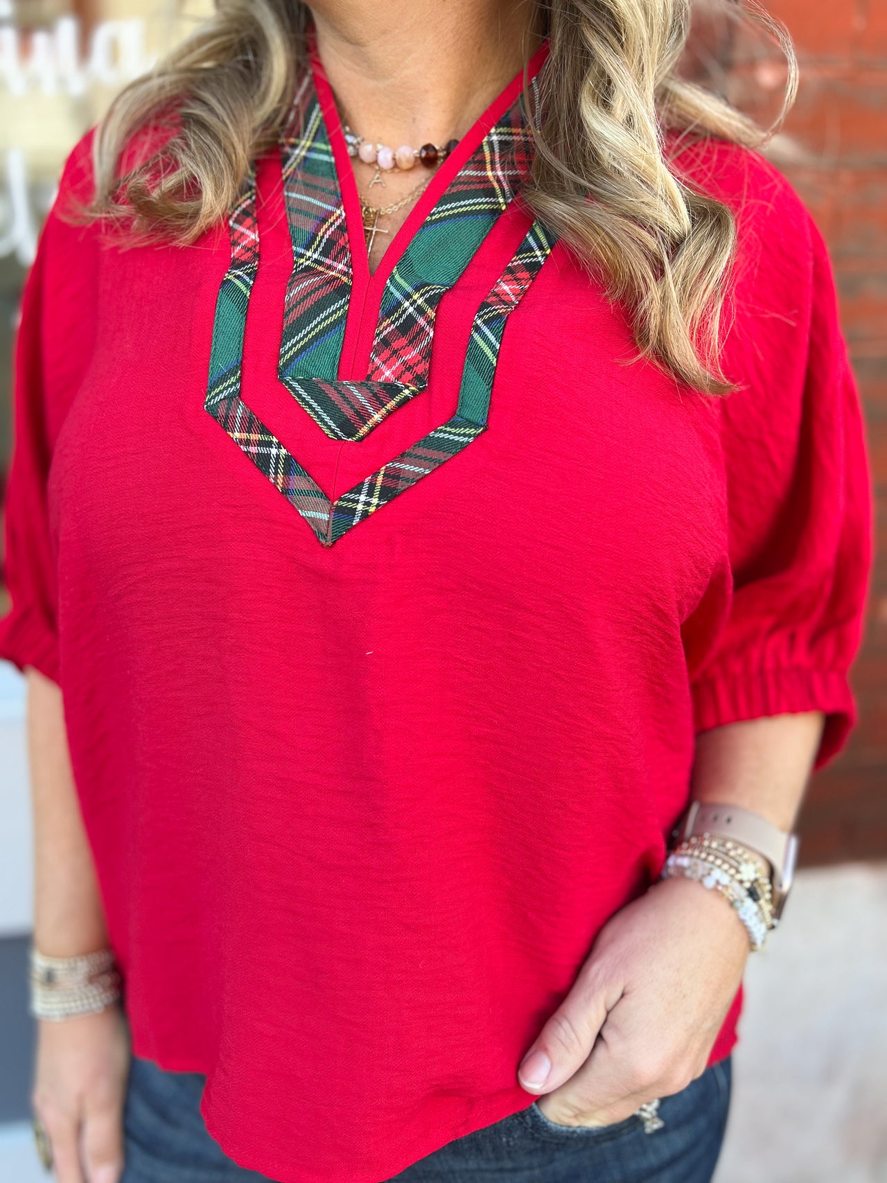 Plaid Pattern V-Neck Top