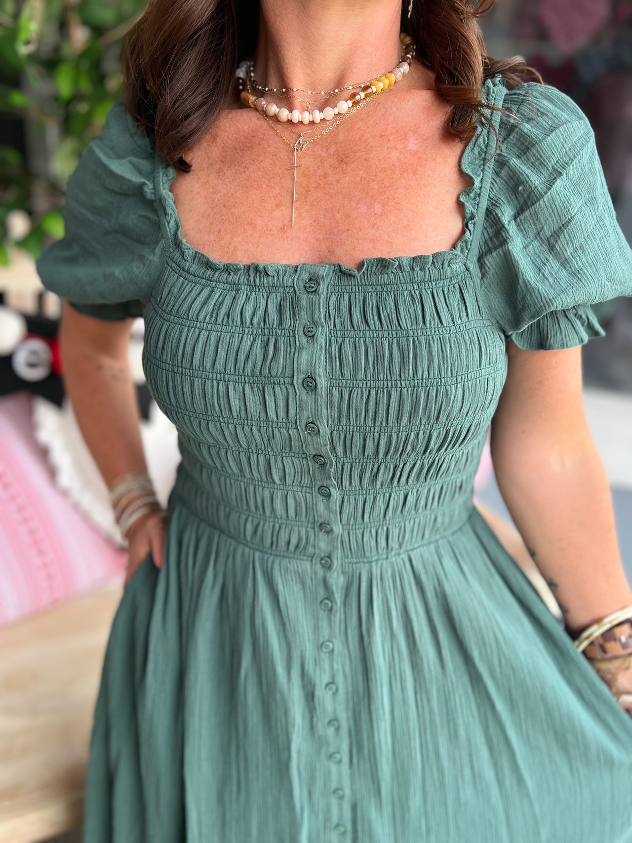 SMOCKED BUTTON DOWN MAXI DRESS