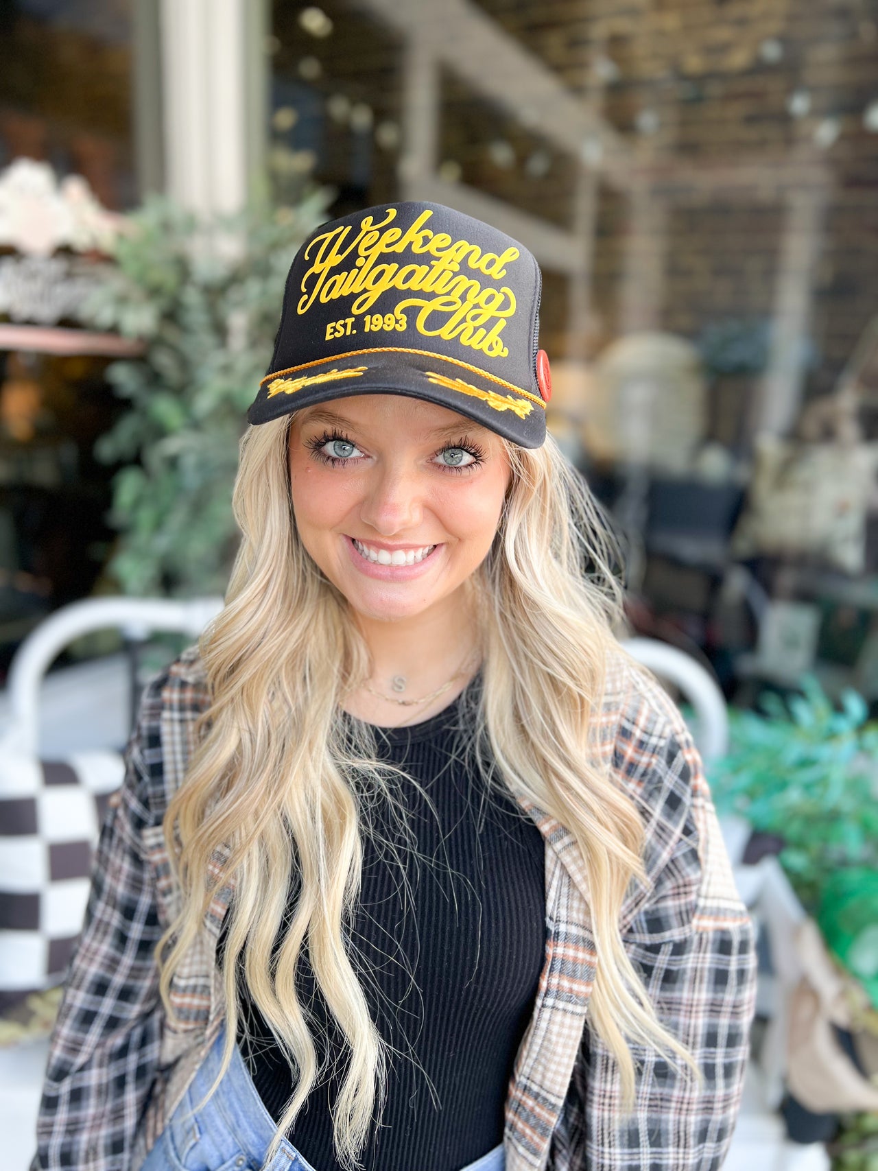 Weekend Tailgating Club, Game Day Trucker Hat: Black/Gold Leaf