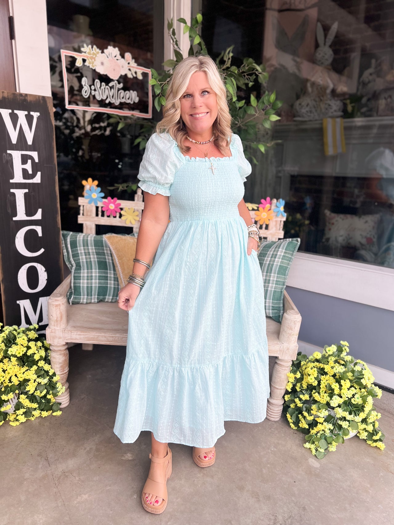 SMOCKED EYELET LACE MAXI DRESS