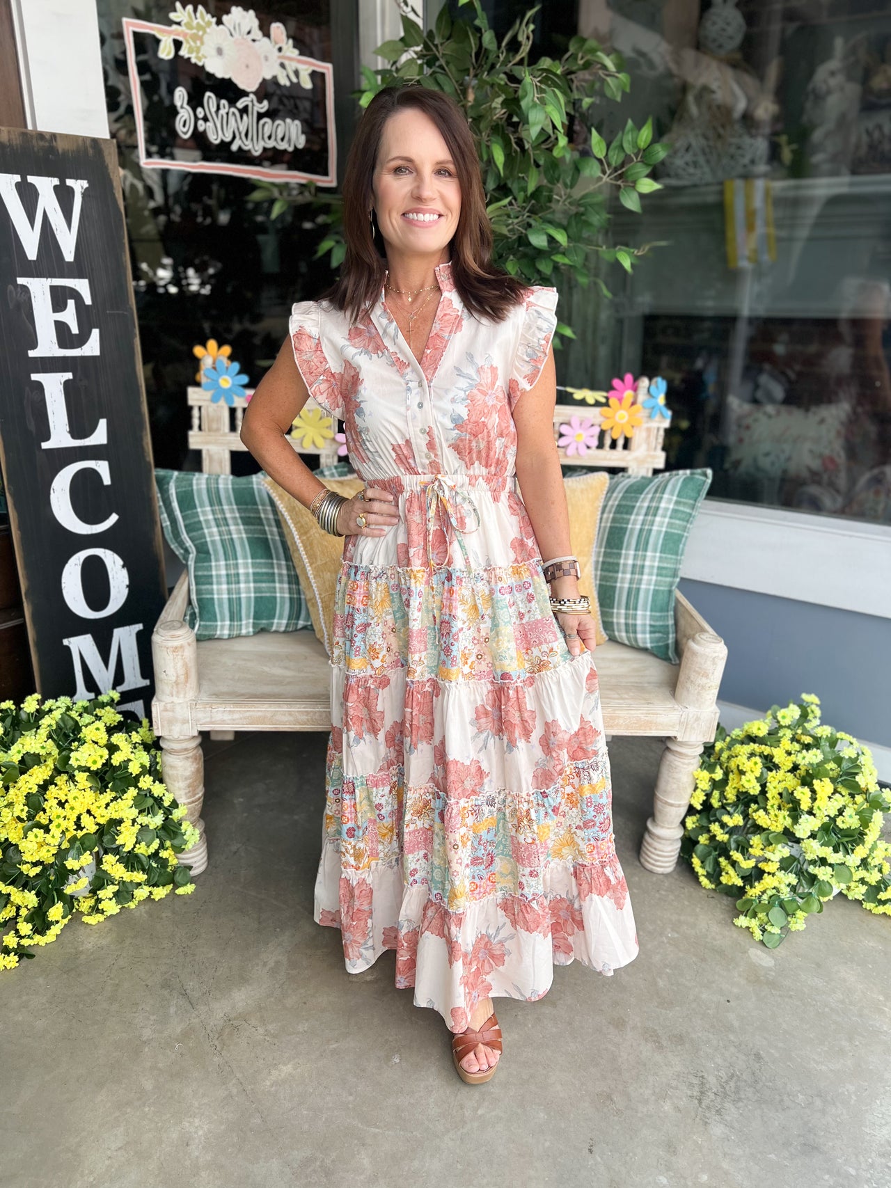 V-Neck Sleeveless Ruffle Floral Printed Maxi Dress