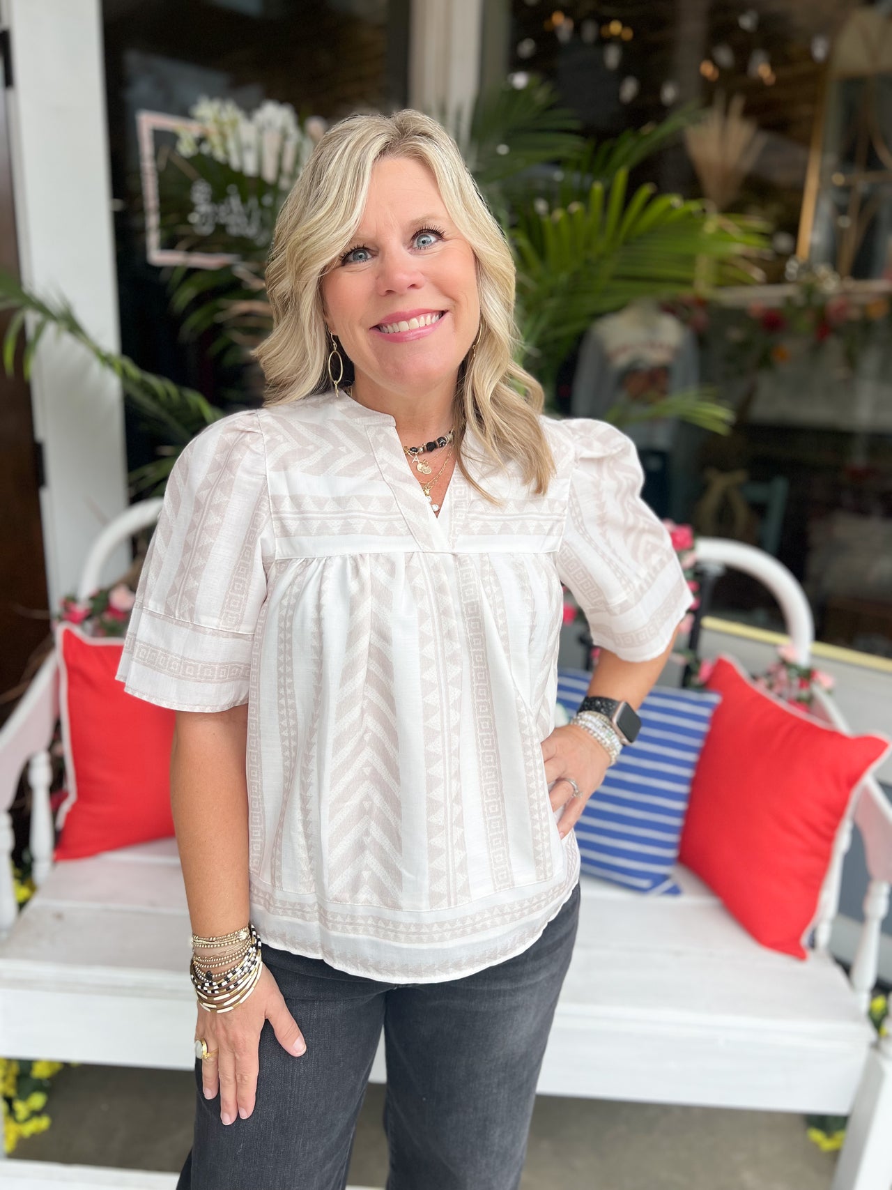 Jacquard Split Short Sleeve Blouse