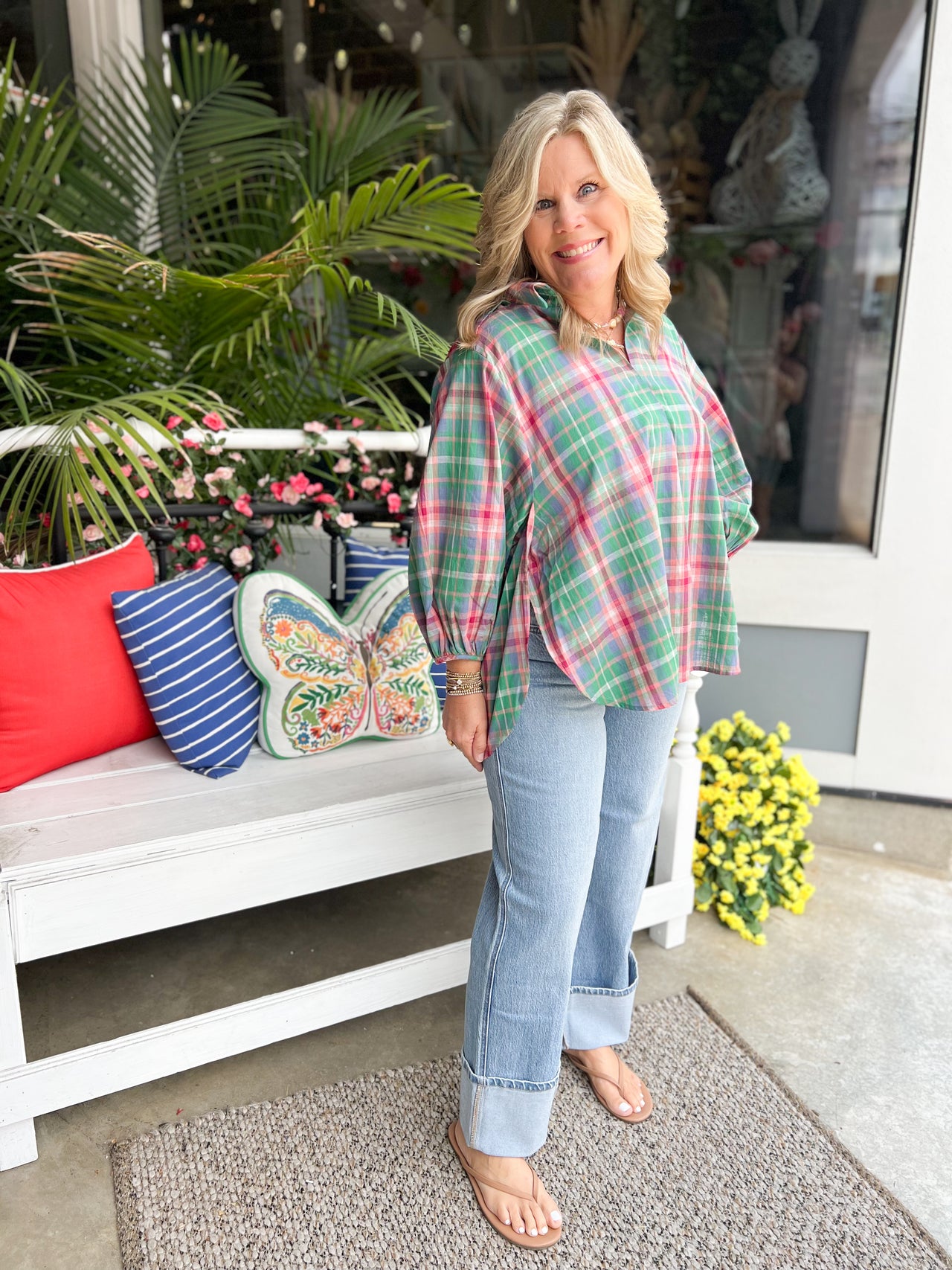 Plaid Lantern Sleeve Shirt