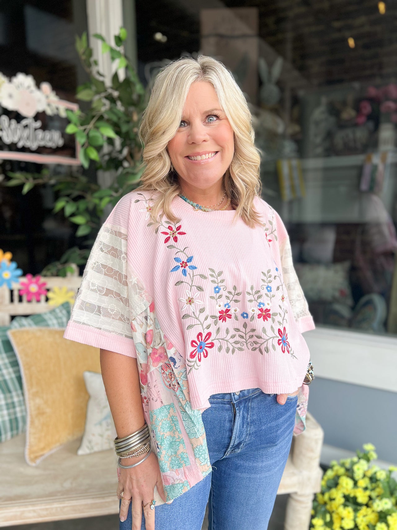 Boho Side Ruffle Detail Floral Embroidery Thermal Top