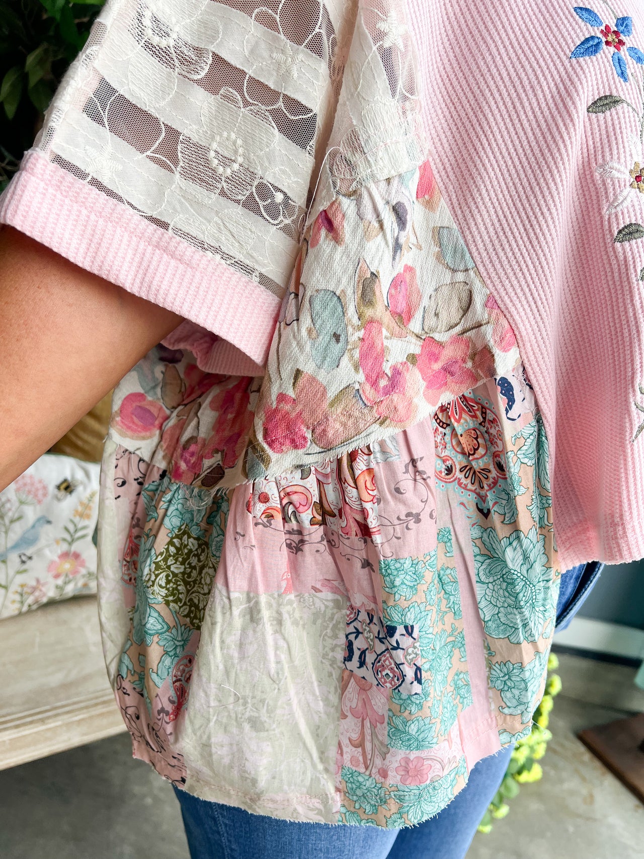 Boho Side Ruffle Detail Floral Embroidery Thermal Top