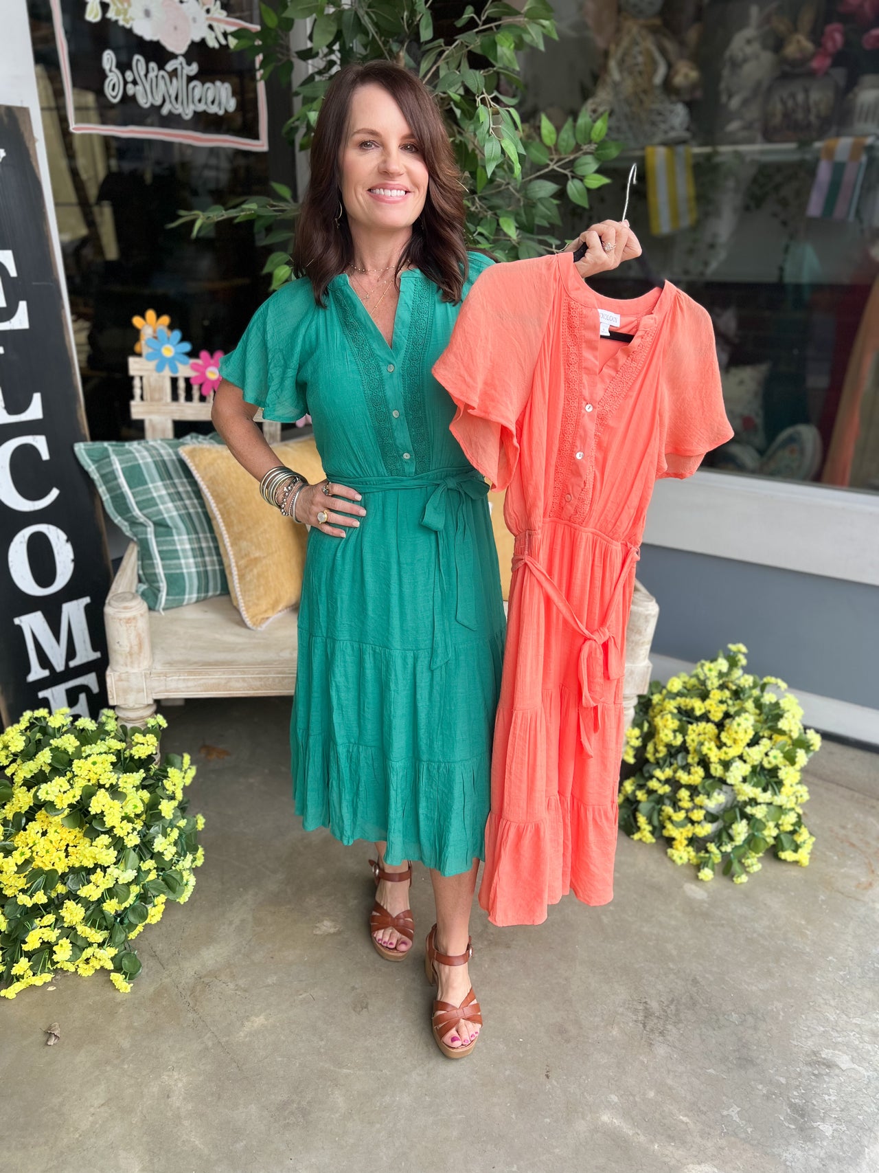 PAPAYA GLOW GAUZE MIDI DRESS WITH TRIM DETAILS