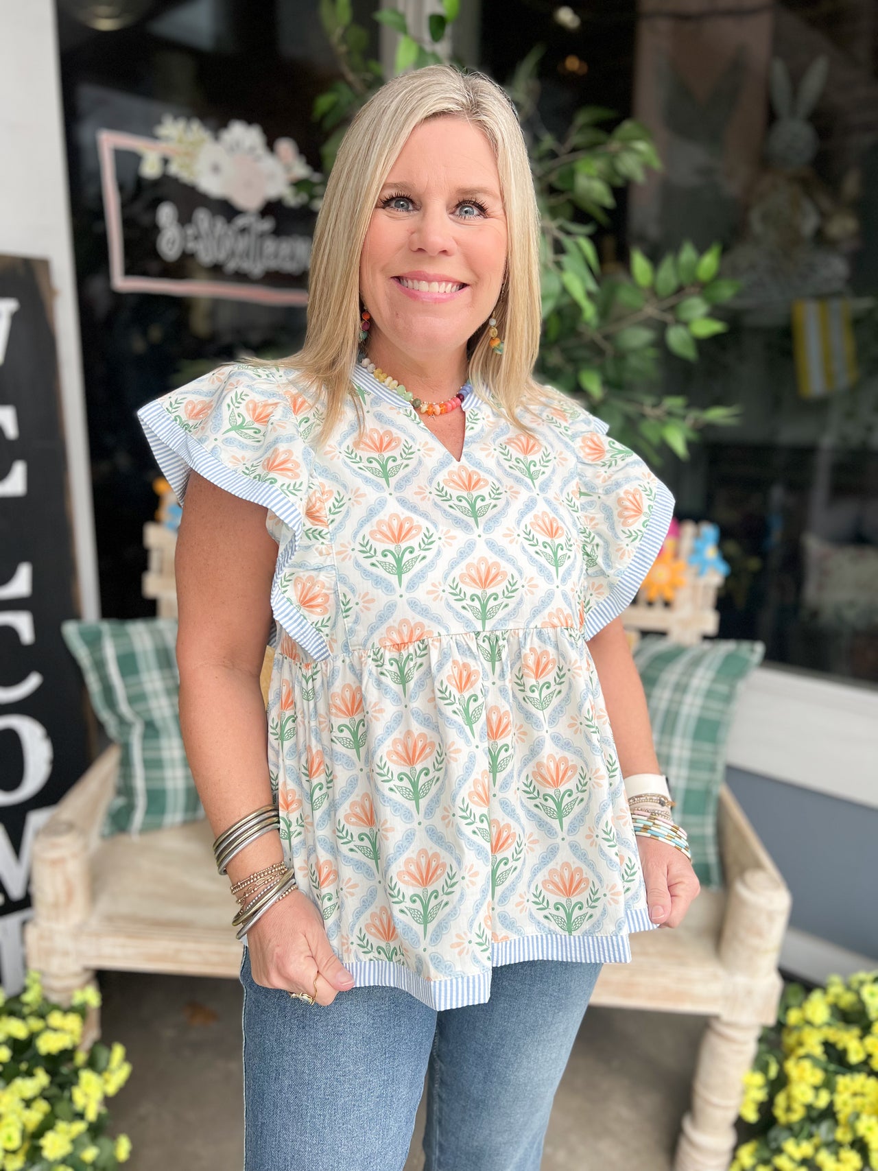 Blue/Orange Ruffle Sleeve Top