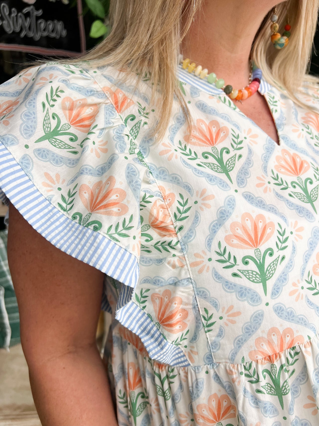 Blue/Orange Ruffle Sleeve Top