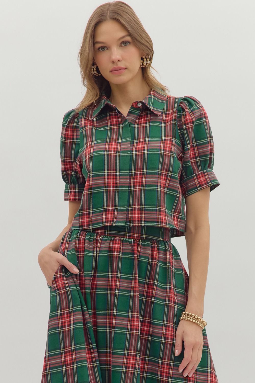 Green Plaid Skirt Set