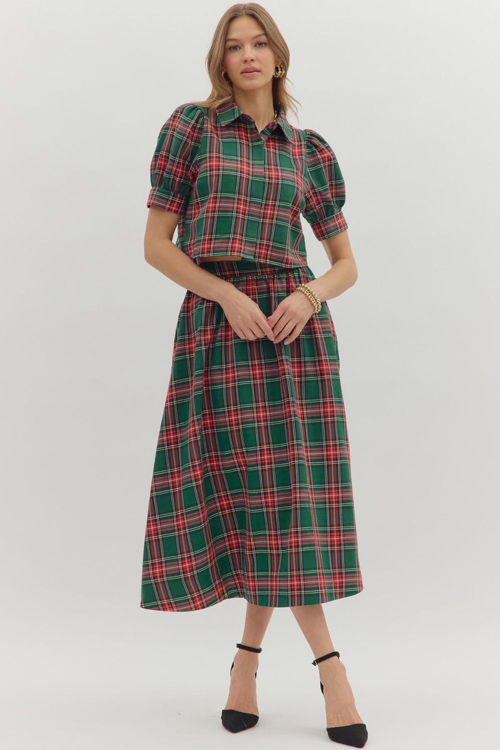 Green Plaid Skirt Set