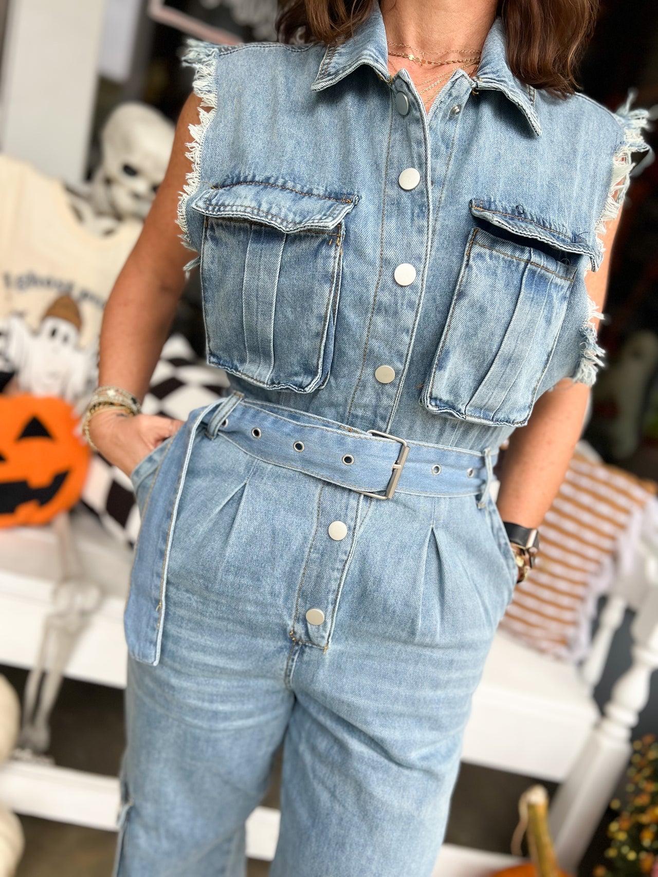 Denim Cargo Overalls