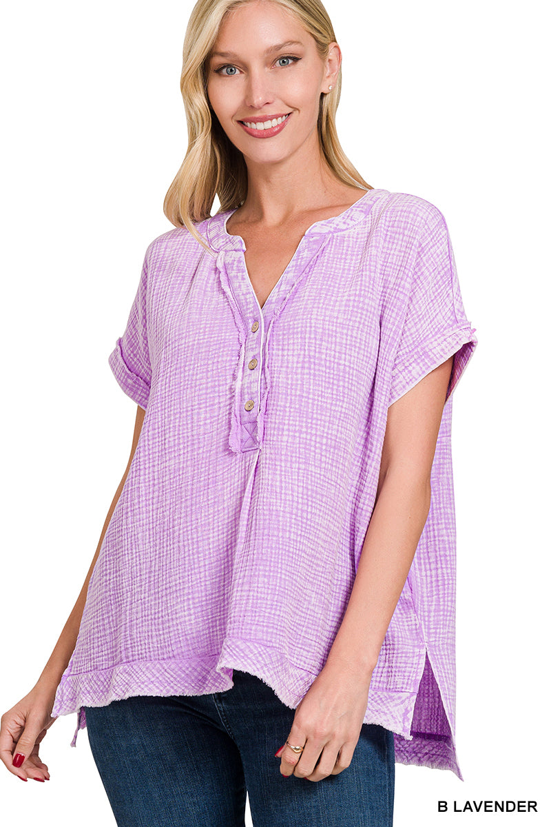 Washed Gauze 3/4 Button Henley