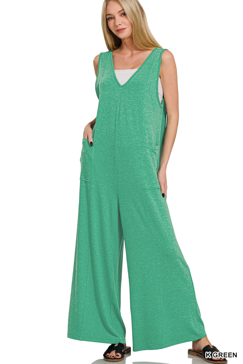 FRENCH TERRY DEEP V NECK JUMPSUIT