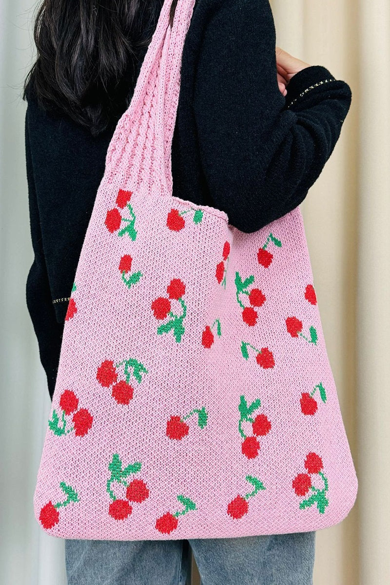 CHERRY PATTERN KNITTED WOVEN CROCHET TOTE BAG