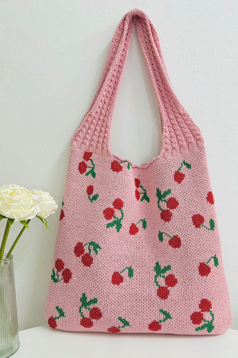 CHERRY PATTERN KNITTED WOVEN CROCHET TOTE BAG