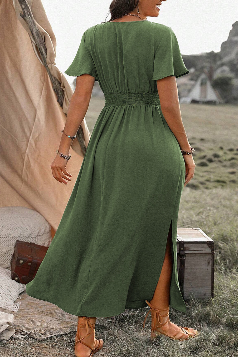 PLUS SIZE Green Surplice Neckline Smocked High Waist Maxi Dress