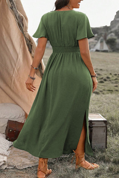 PLUS SIZE Green Surplice Neckline Smocked High Waist Maxi Dress
