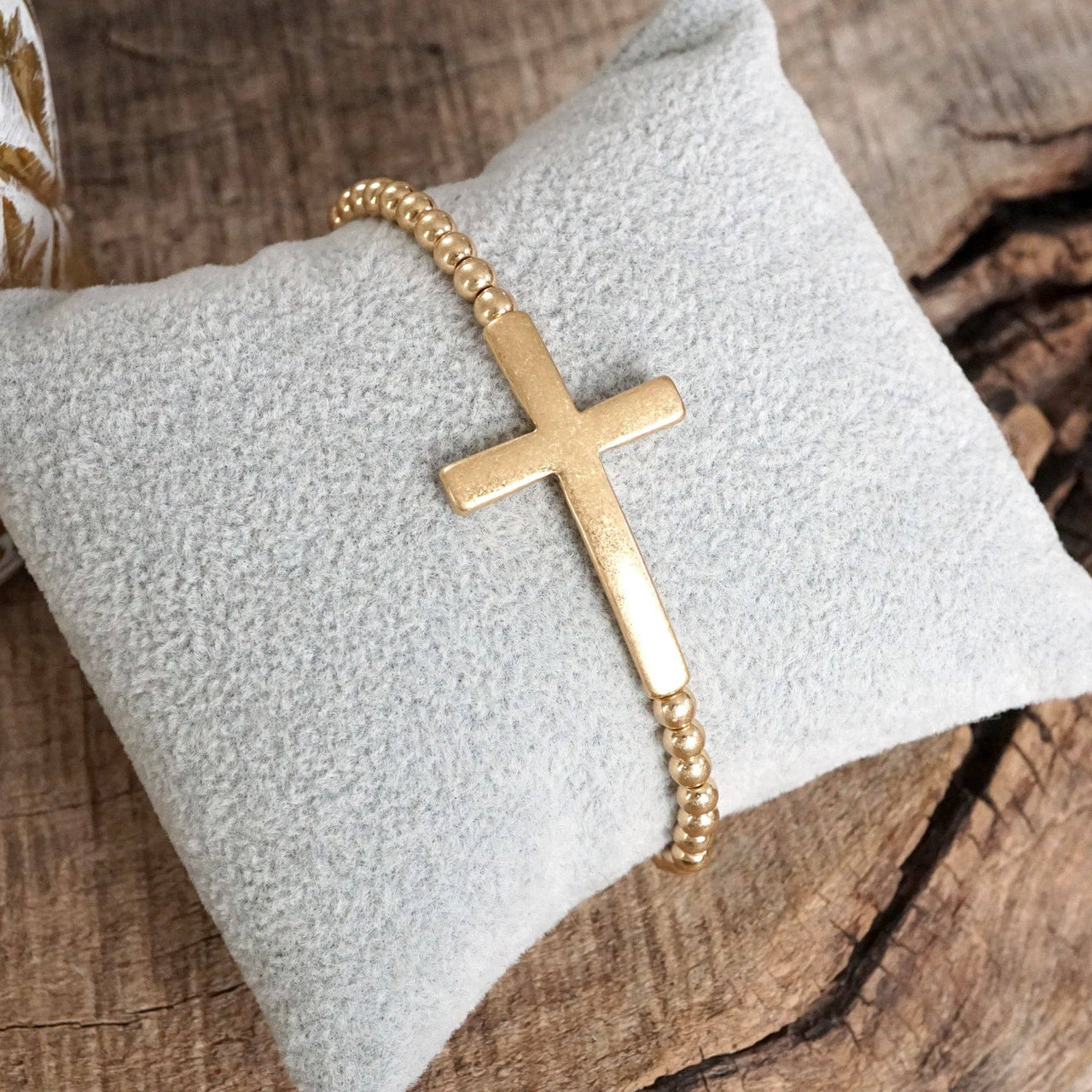 Minimal Cross Stretchy Bracelet in Worn Gold tone with Ball Beads