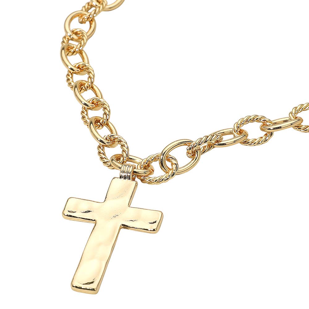 Hammered Metal Cross Chunky Textured Chain Necklace