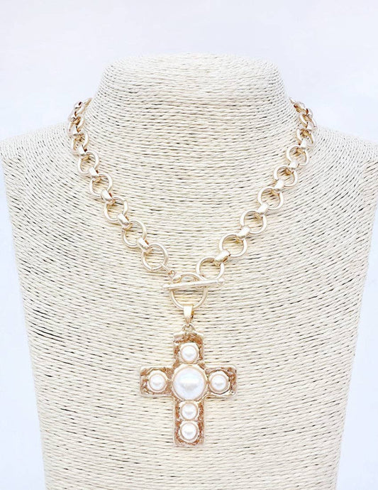 Gold Circle Chain with 1.75" Cross with Pearl Accents 18" Necklace