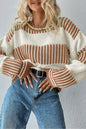 Khaki Two Tone Striped Patchwork Drop Shoulder Sweater