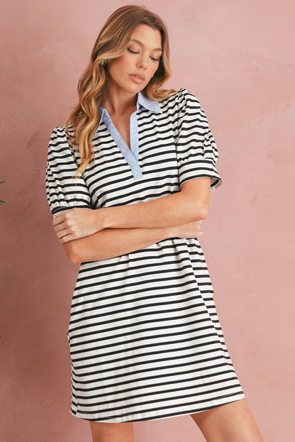 Black Stripe Collared Puff Sleeve Pocketed Mini Dress