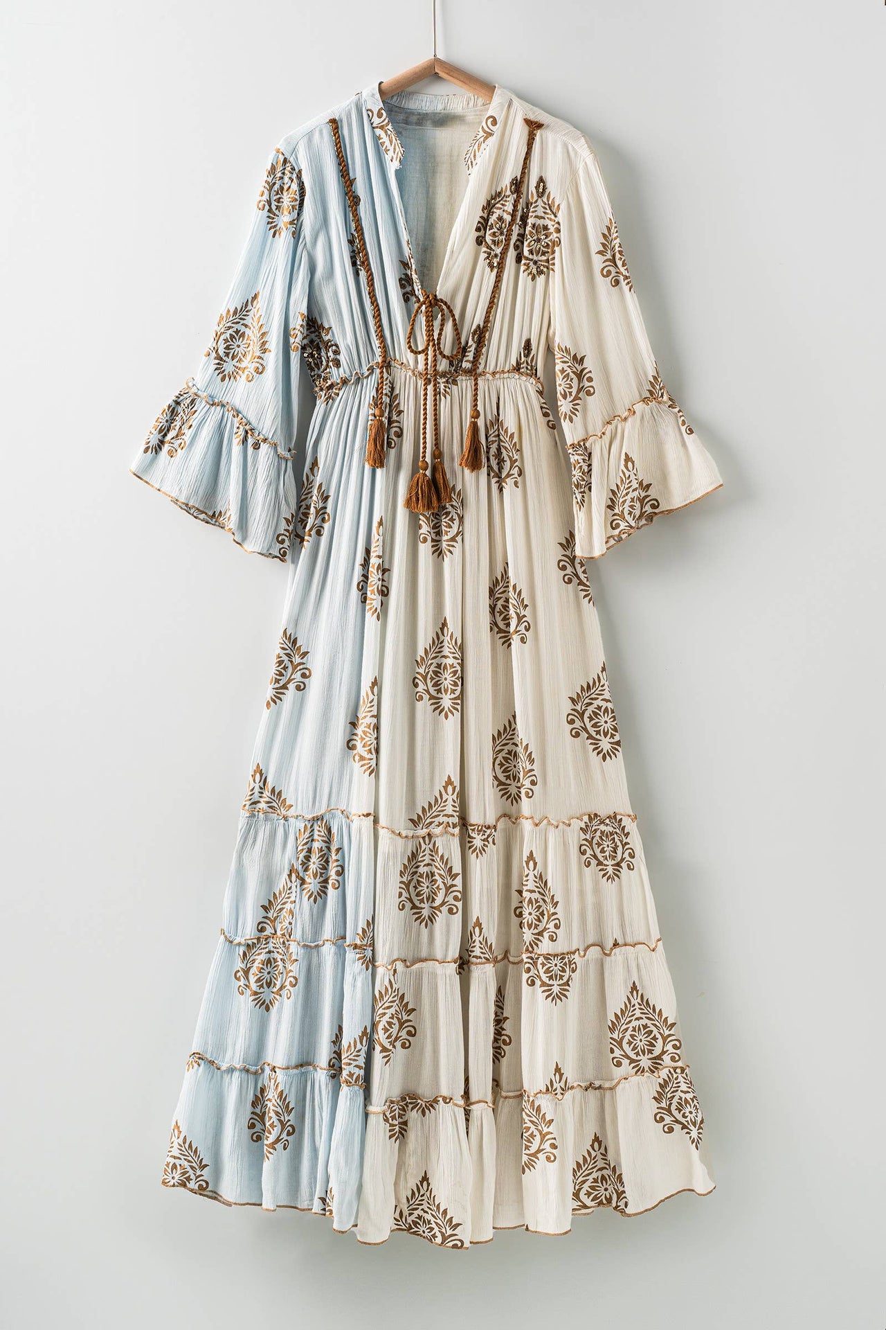 Medallion Print Colorblock Bell Sleeve Maxi Dress: MULTI