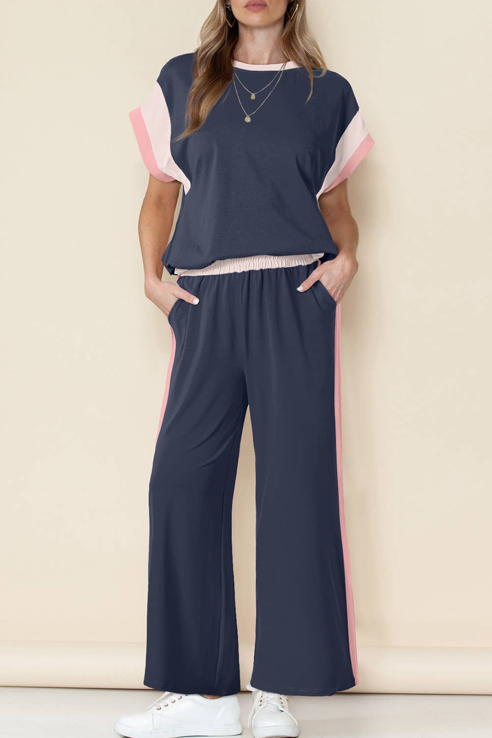 Color Block Detail Casual Two-piece Set Navy Blue
