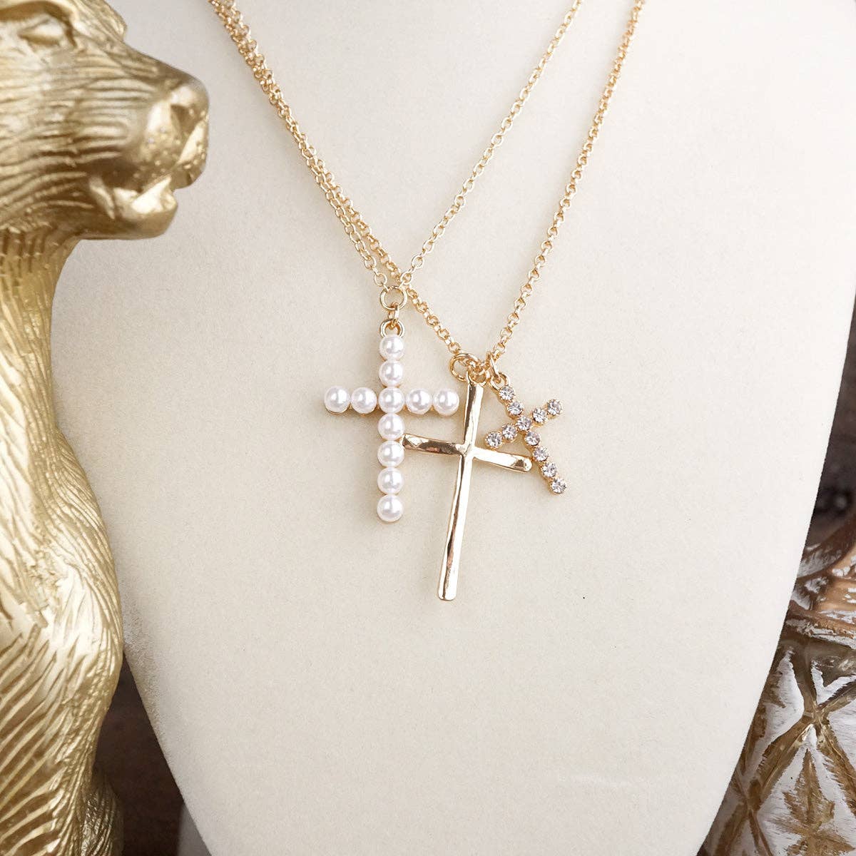 Sacred Layers – Multi Cross Pendant Necklace in Gold Tone